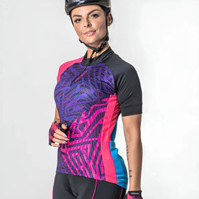 Camisa Ciclista Manga Curta Ziper Parcial Feminina Root RO/CEL/AME/PT